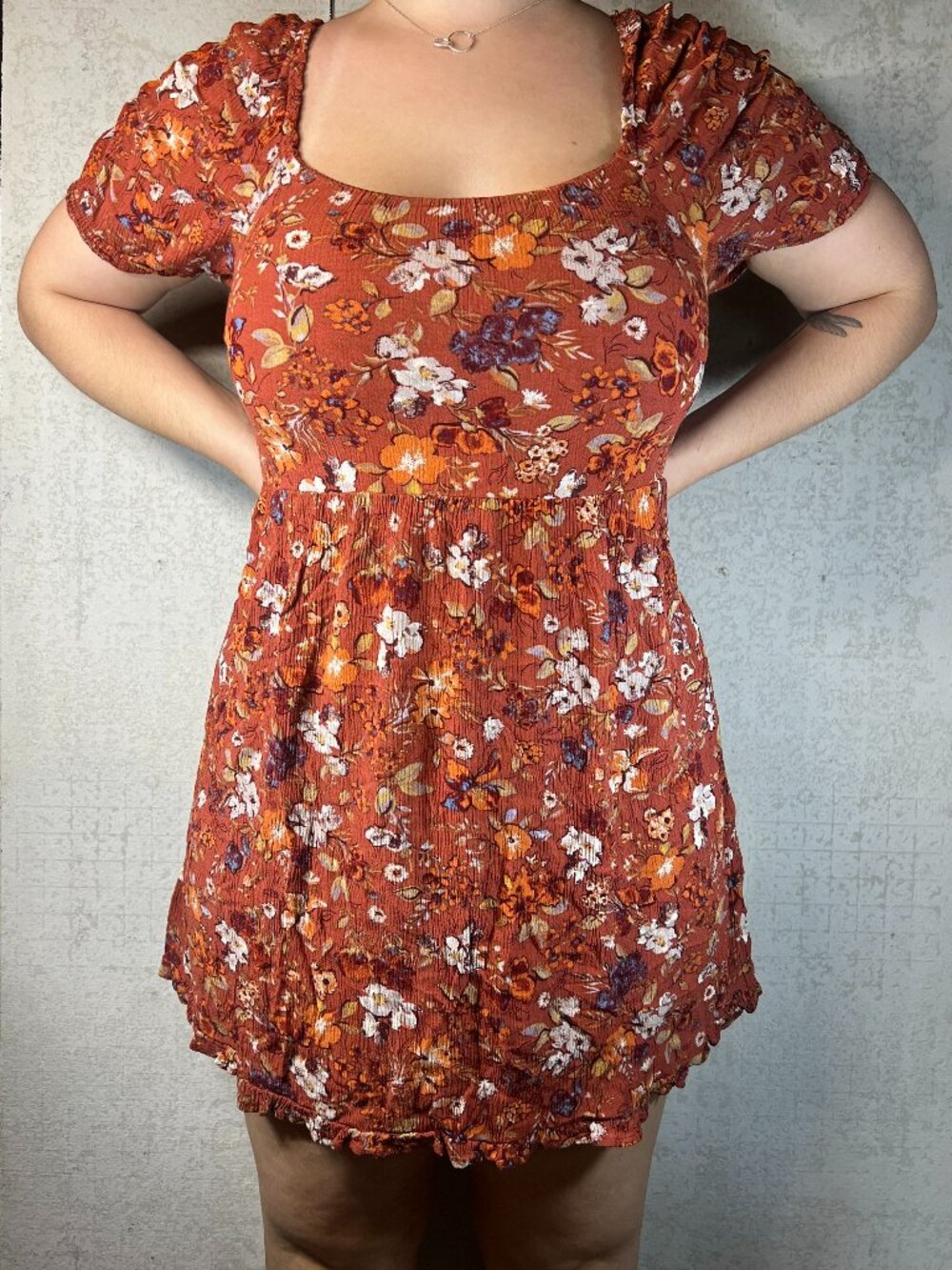 Y2k Puff Sleeve Burnt Orange Floral Dress Size L Babydoll Coquette